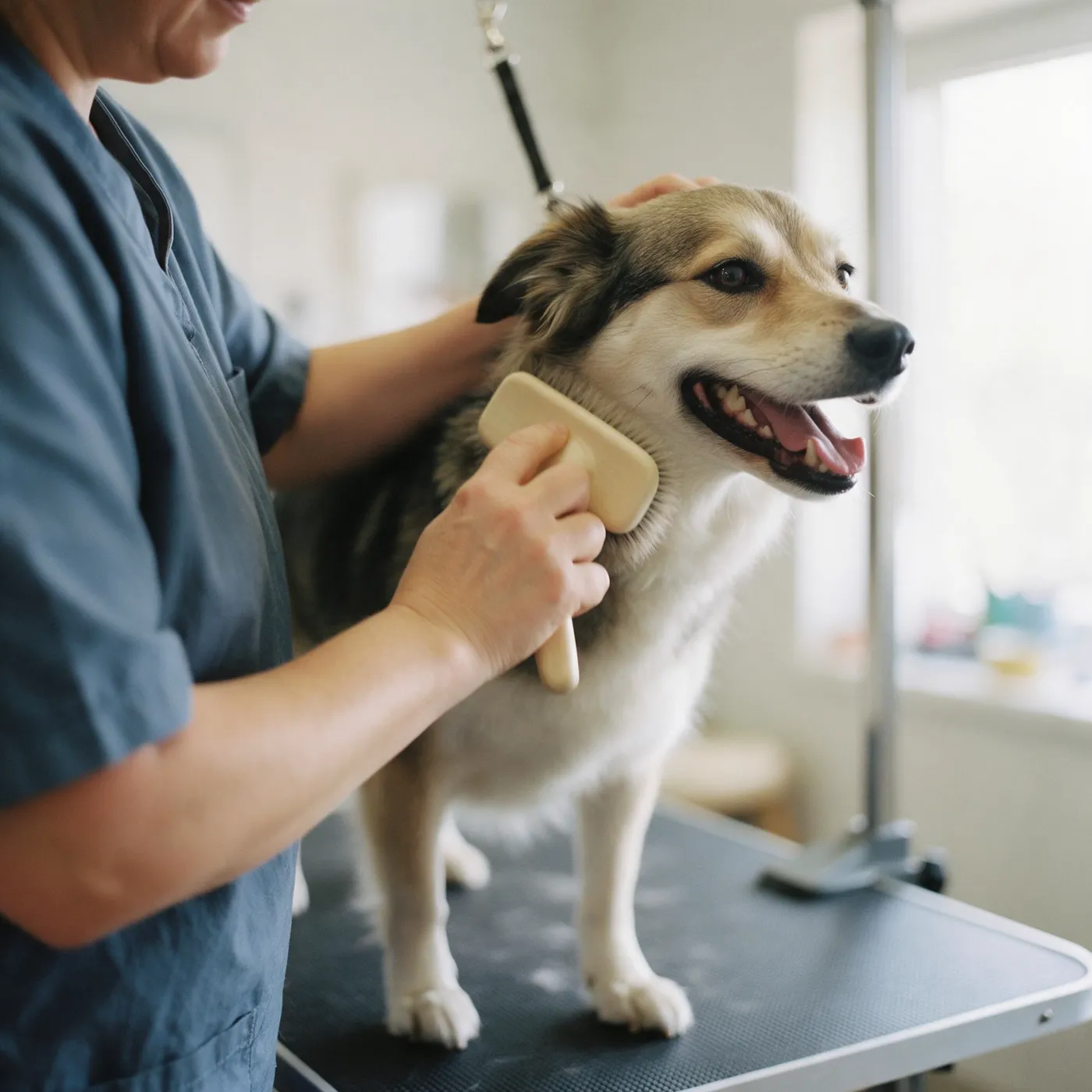 Cuidadora escovando um cachorro sorridente