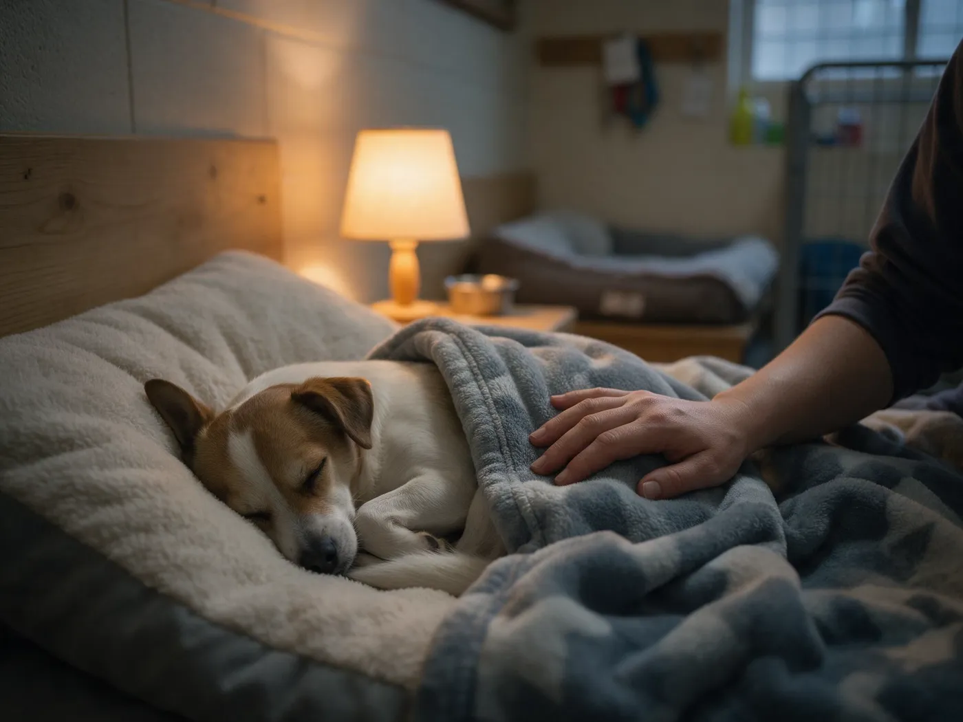 Cachorro dormindo de mantinha com a mão do cuidador ao lado, à luz do abajur