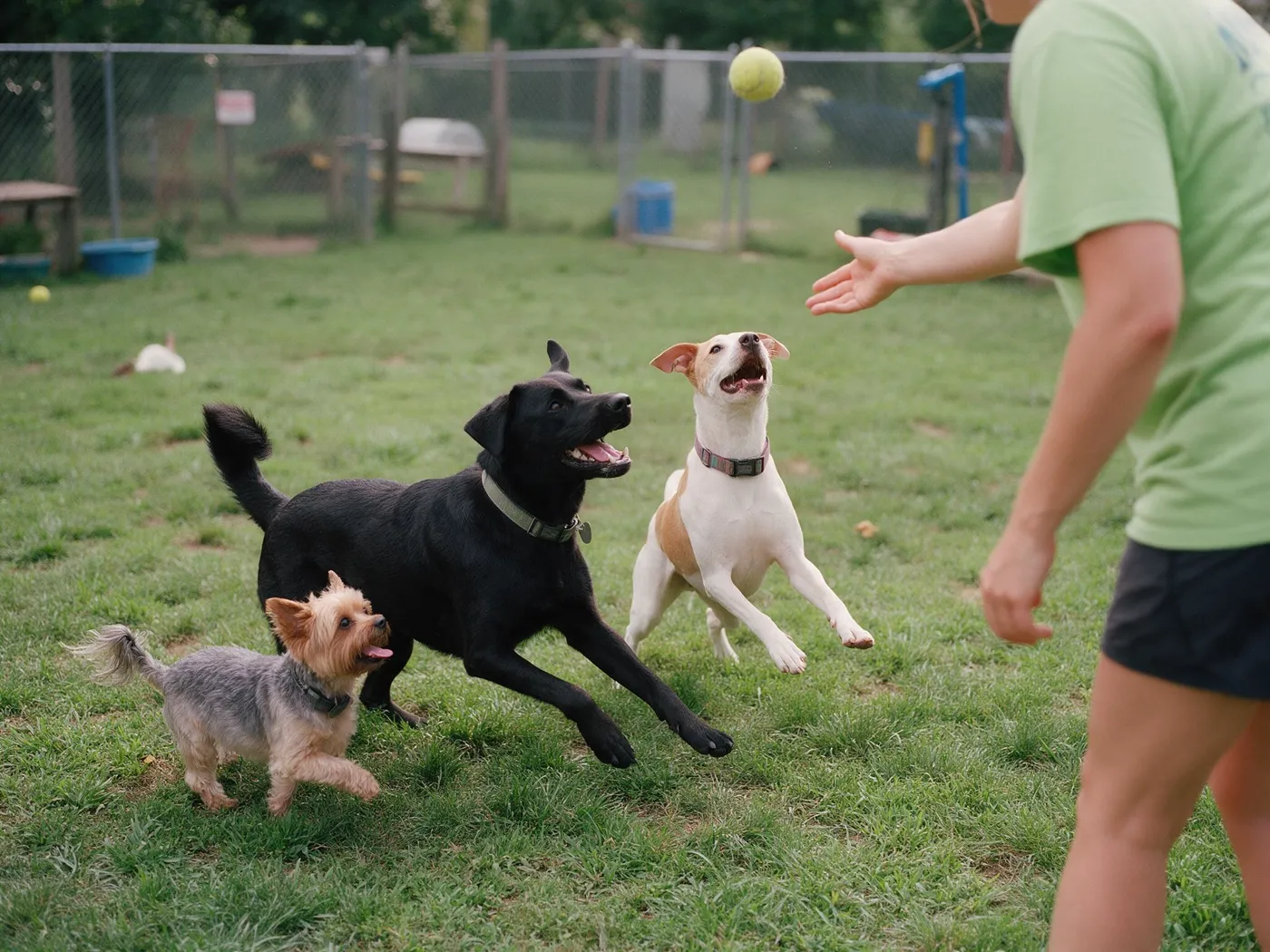 Cachorros brincando com bolinha no pátio gramado